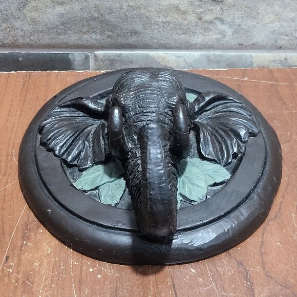 Ceramic Elephant Head Hanging Wall Hook Black Green Leaf Accents - Picture 4 of 10